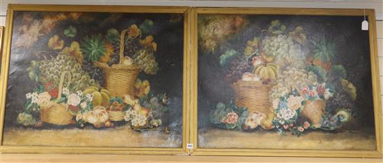 English School, pair of oils on canvas, Still lifes of fruit and flowers in basket, 70 x 90cm and a reverse painting